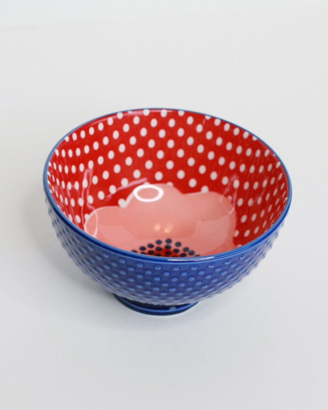 Blue and Red Dotted Poppy dessert Bowl - small 4.5 inch - single item