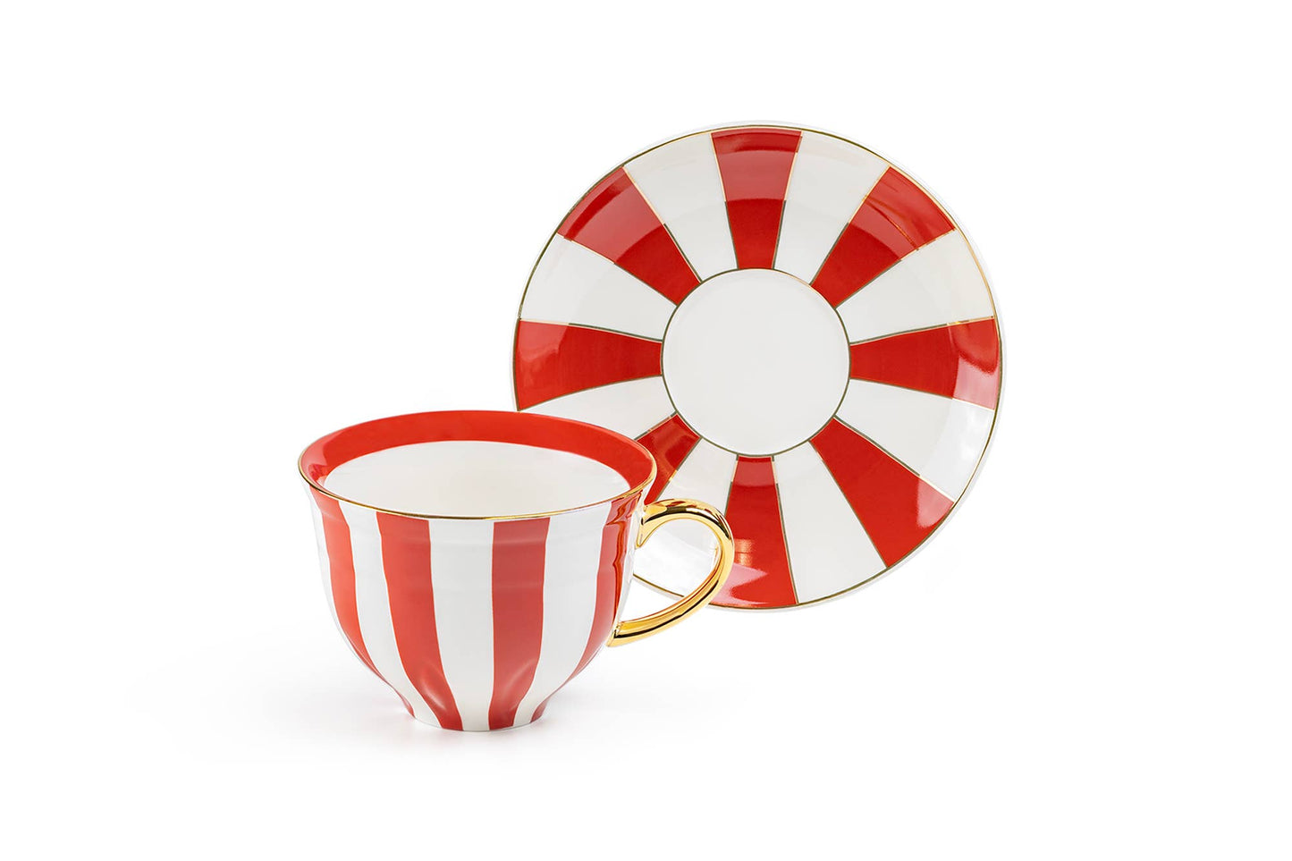 Red and white Stripe Porcelain Cup and Saucer - 10 oz