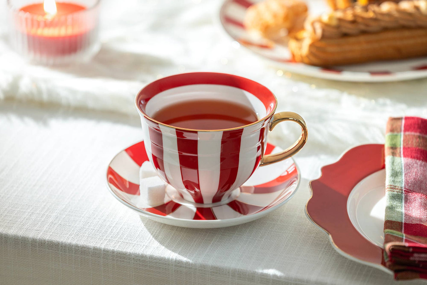Red and white Stripe Porcelain Cup and Saucer - 10 oz