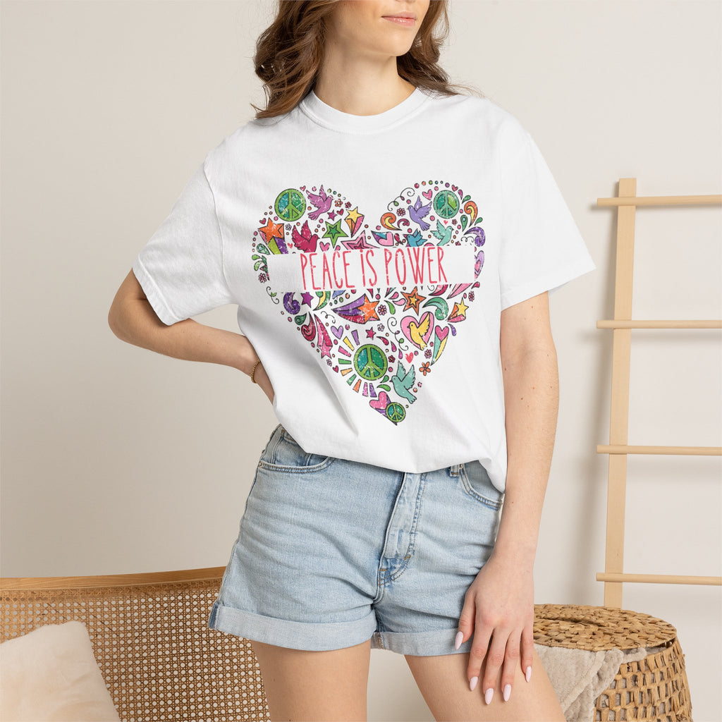Peace Is Power Heart - distressed design doodle hears peace and doves t-shirt
