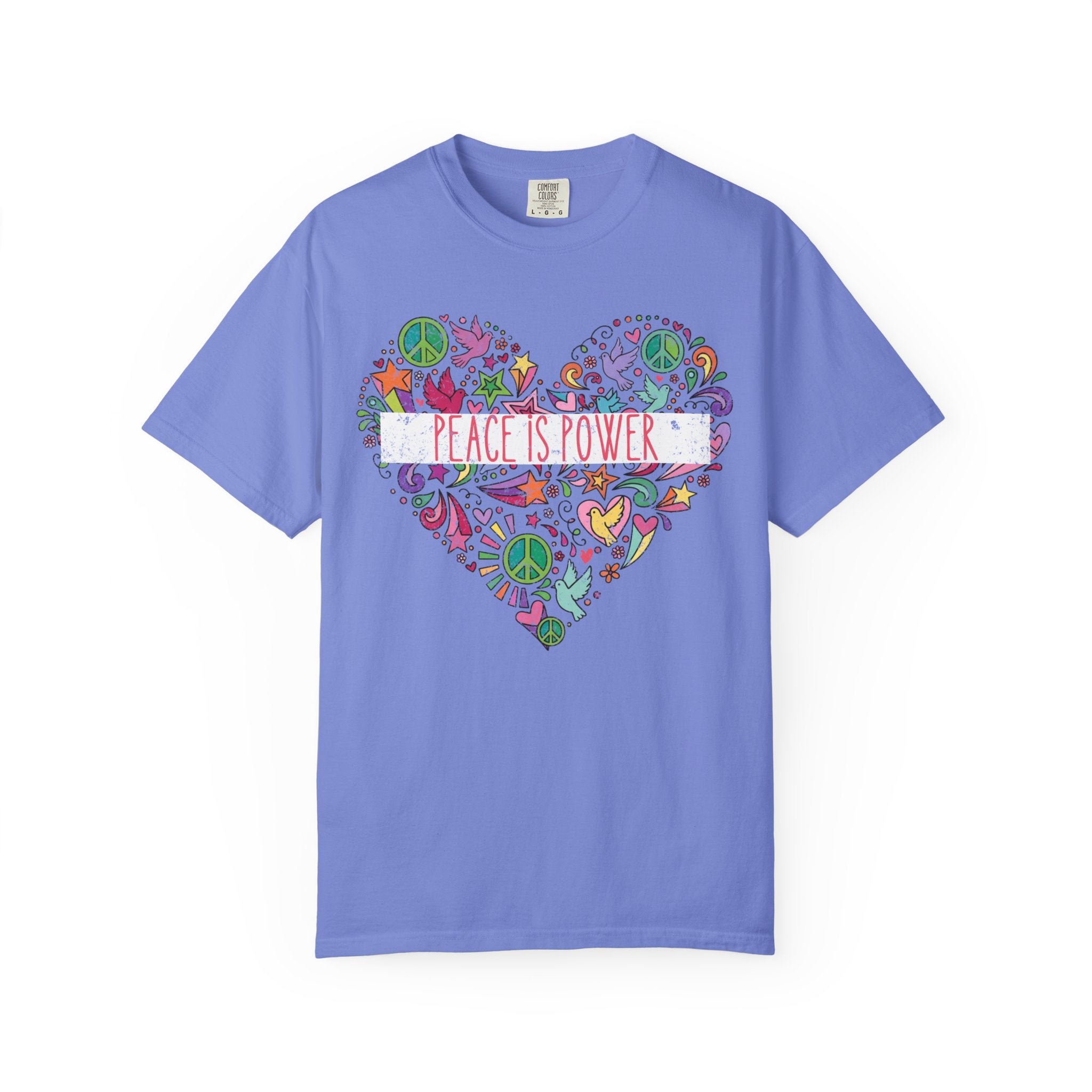 Peace Is Power Heart - distressed design doodle hears peace and doves t-shirt
