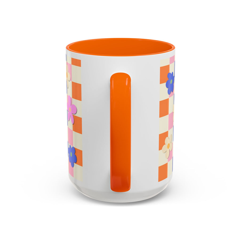 Floral Checkerboard Accent Coffee Mug — Colorful Retro Flower Pattern (11/15oz)