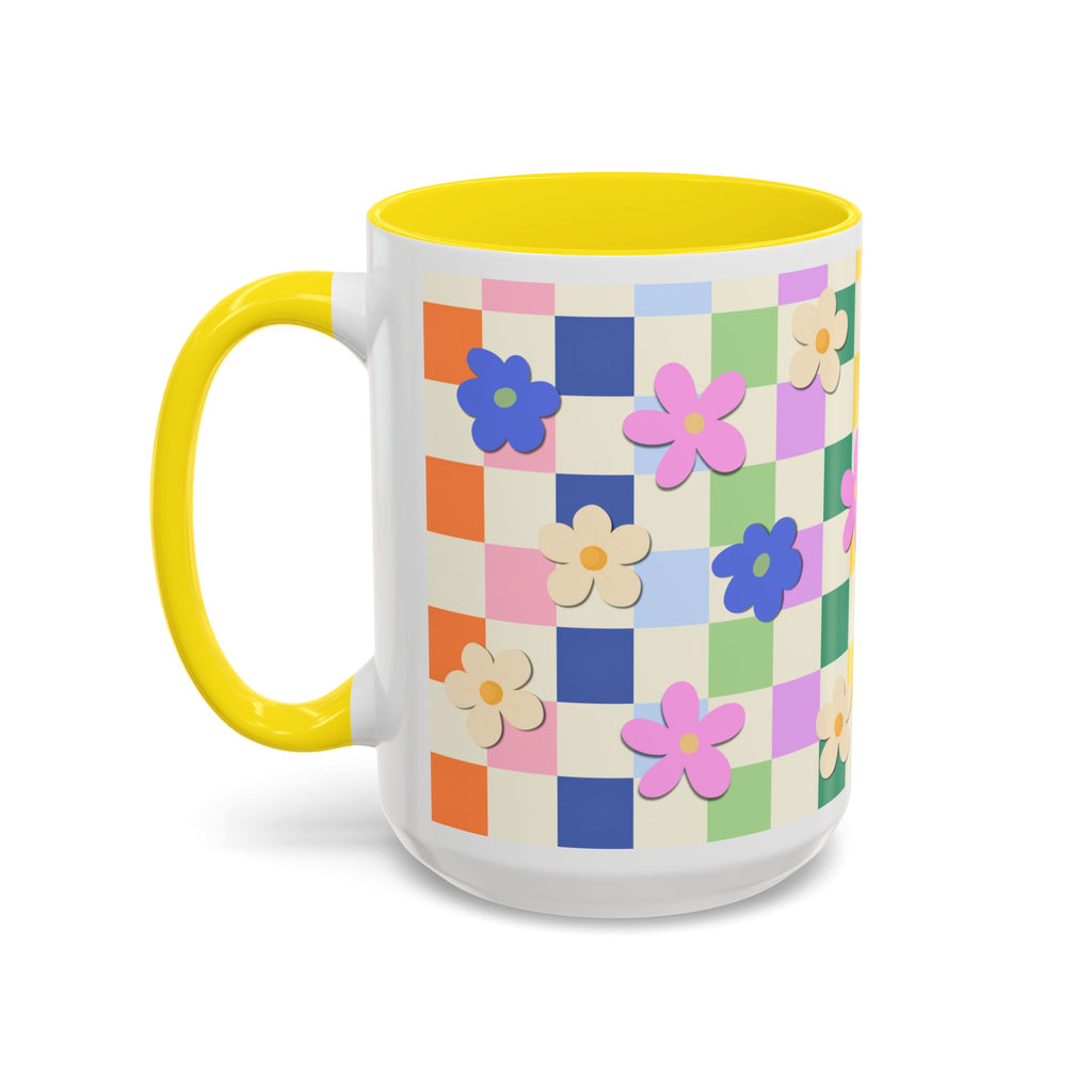 Floral Checkerboard Accent Coffee Mug — Colorful Retro Flower Pattern (11/15oz)