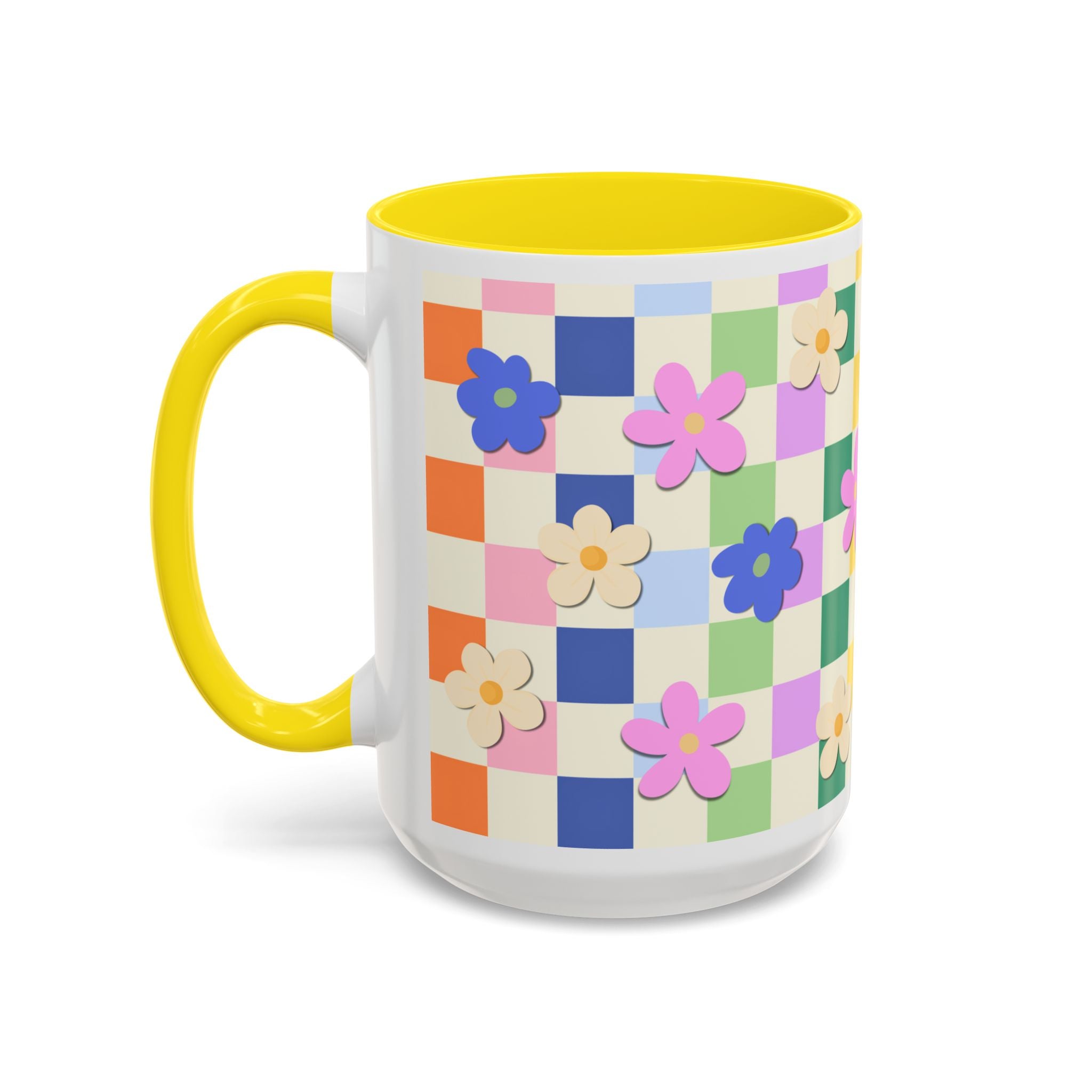 Floral Checkerboard Accent Coffee Mug — Colorful Retro Flower Pattern (11/15oz)