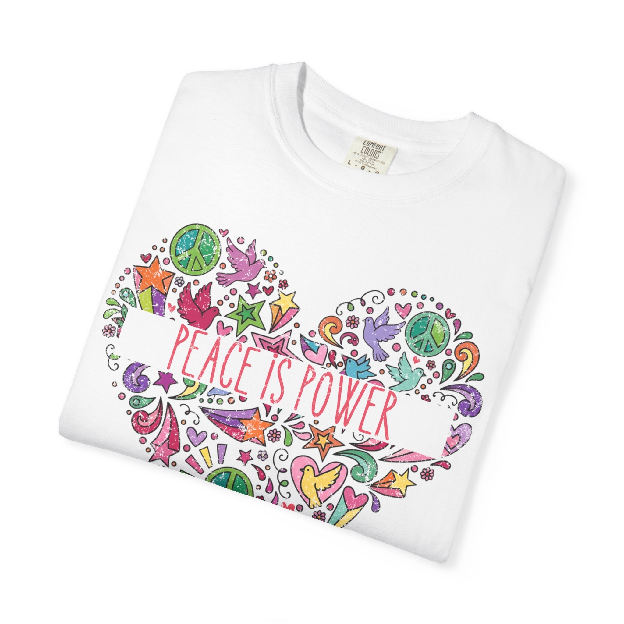 Peace Is Power Heart - distressed design doodle hears peace and doves t-shirt