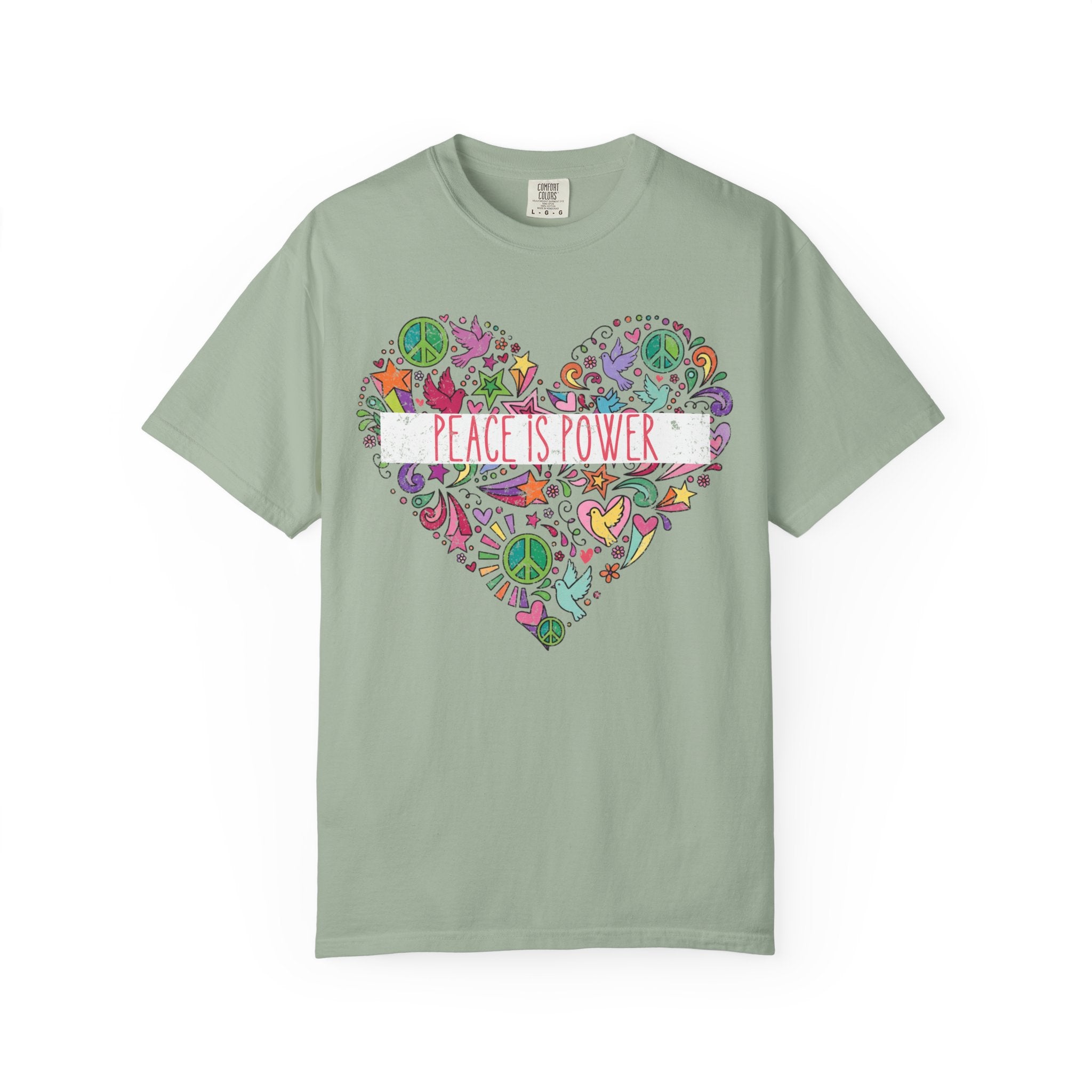Peace Is Power Heart - distressed design doodle hears peace and doves t-shirt