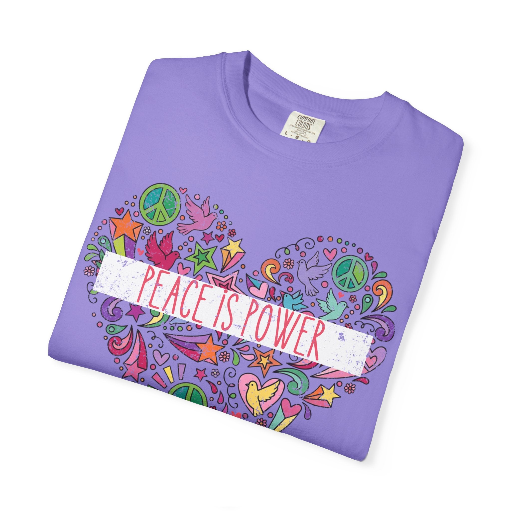 Peace Is Power Heart - distressed design doodle hears peace and doves t-shirt
