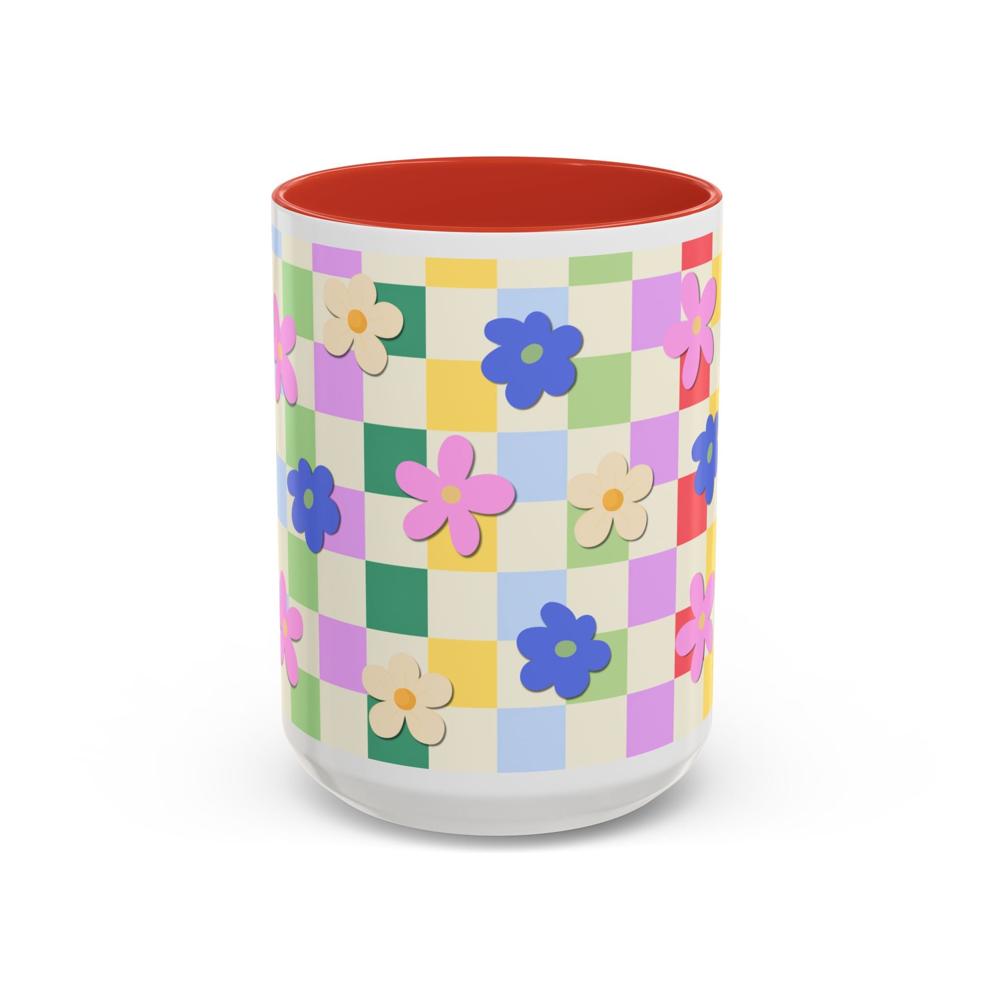 Floral Checkerboard Accent Coffee Mug — Colorful Retro Flower Pattern (11/15oz)