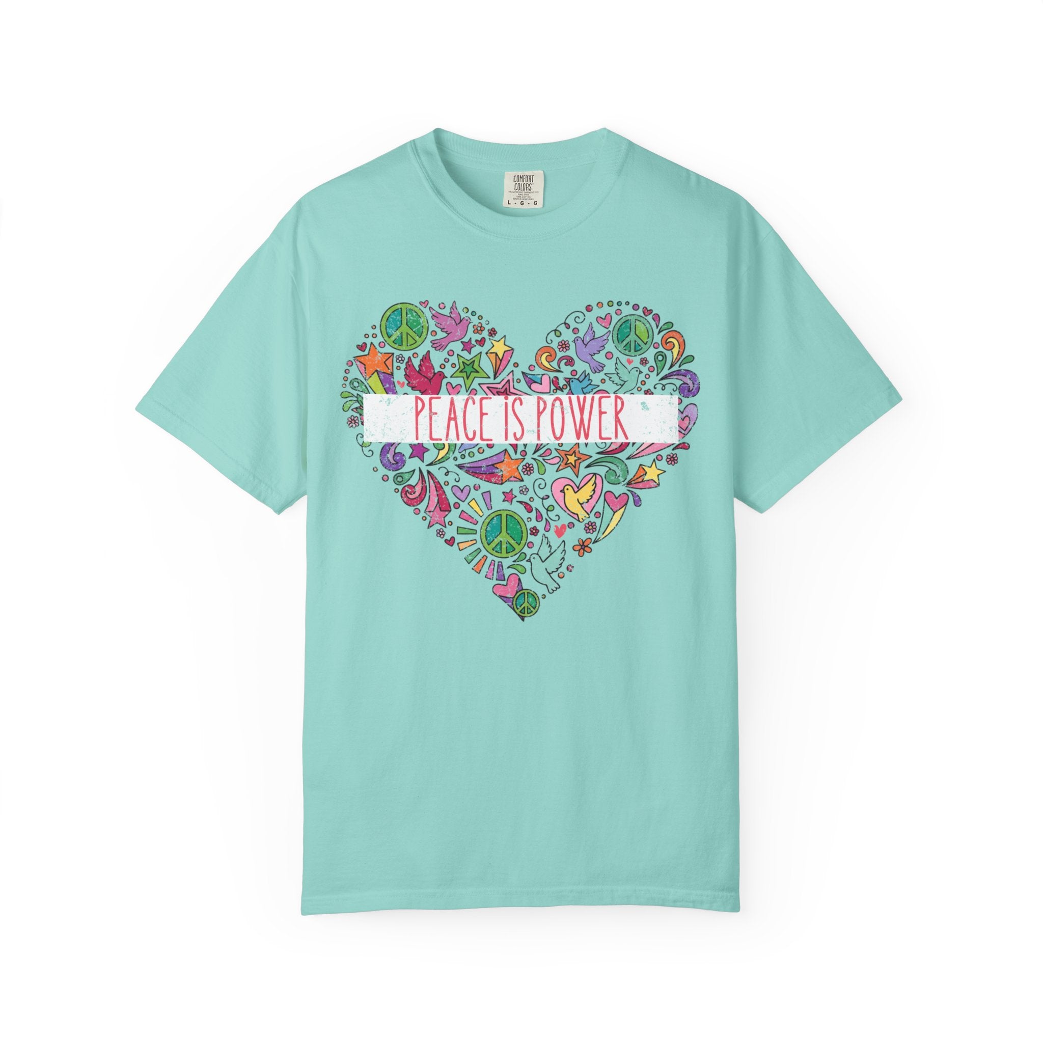Peace Is Power Heart - distressed design doodle hears peace and doves t-shirt