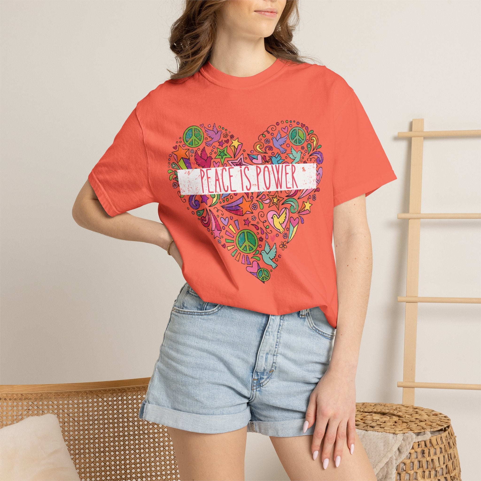 Peace Is Power Heart - distressed design doodle hears peace and doves t-shirt