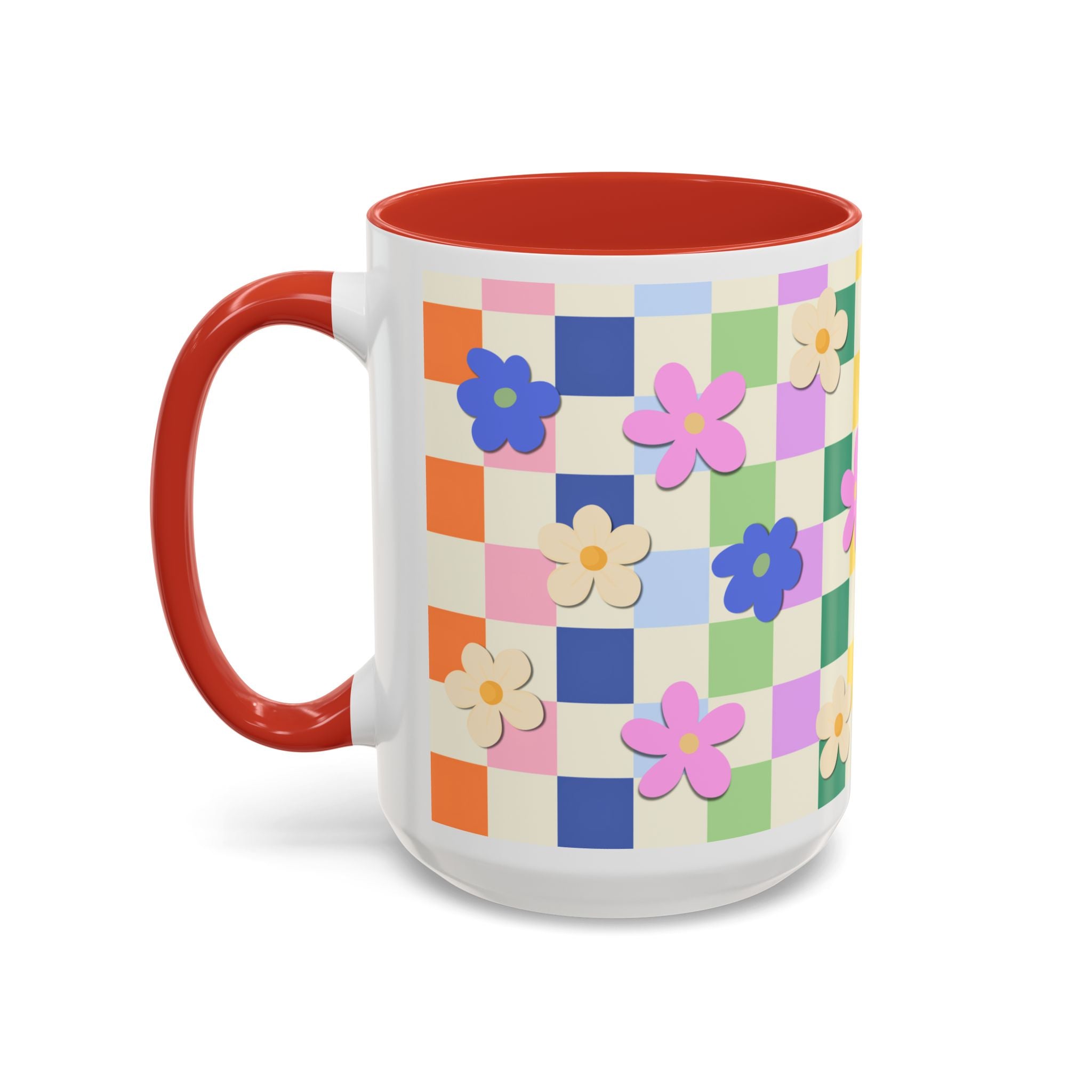 Floral Checkerboard Accent Coffee Mug — Colorful Retro Flower Pattern (11/15oz)