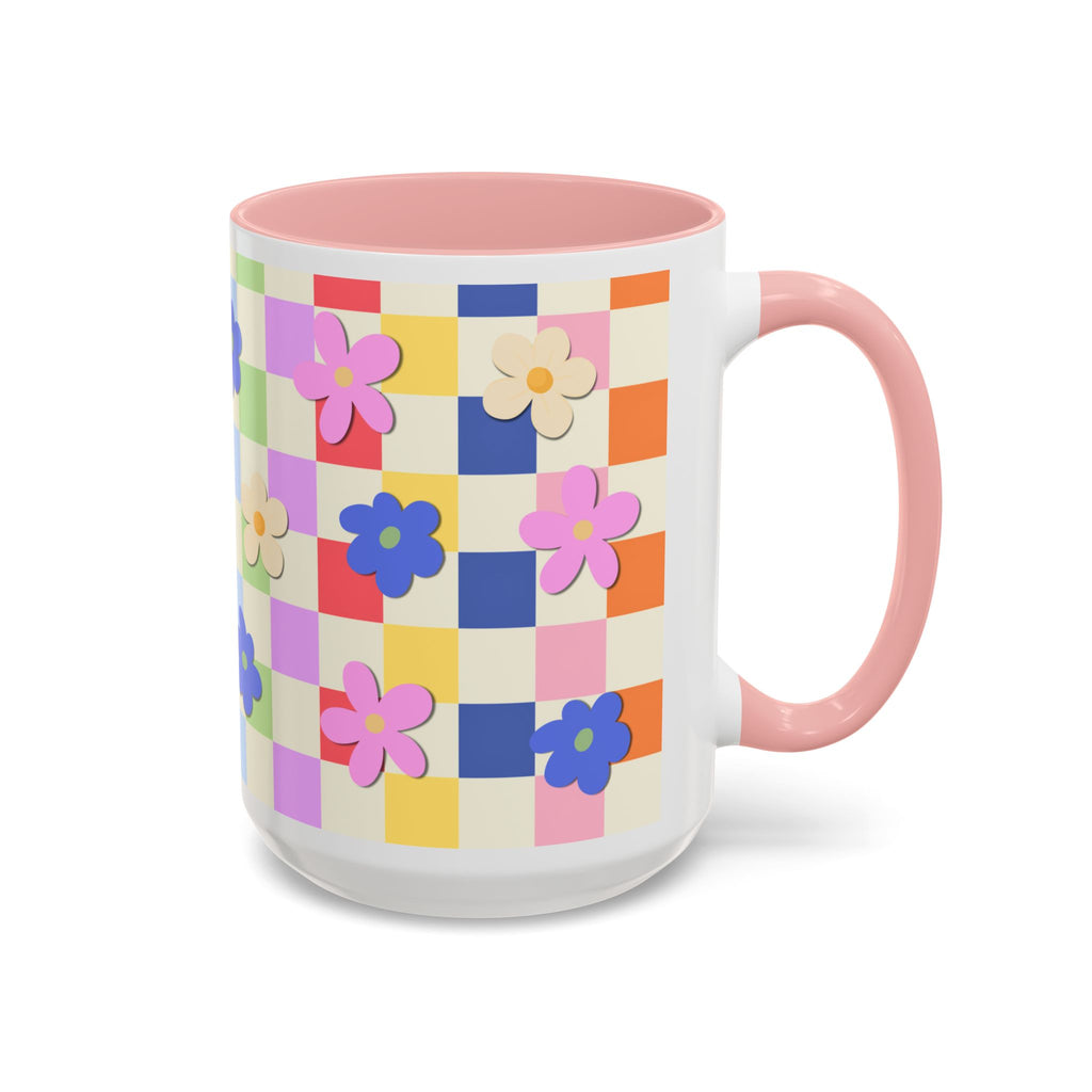Floral Checkerboard Accent Coffee Mug — Colorful Retro Flower Pattern (11/15oz)