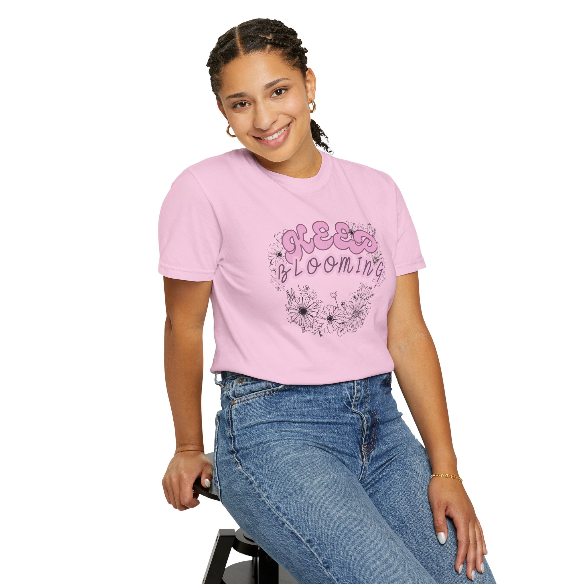 Keep Blooming - loose fit positive message flower design t-shirt