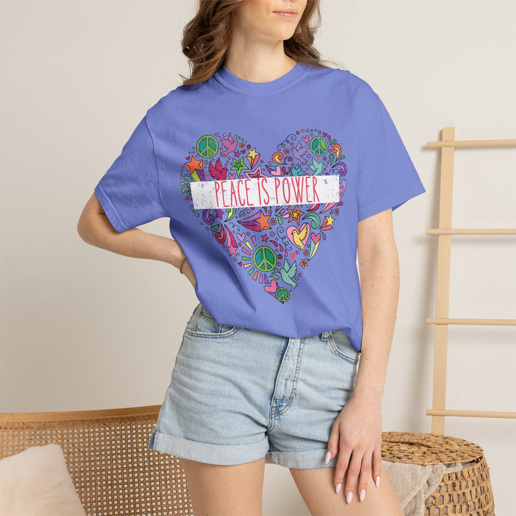 Peace Is Power Heart - distressed design doodle hears peace and doves t-shirt
