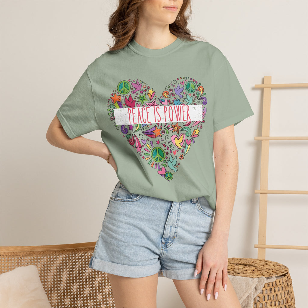 Peace Is Power Heart - distressed design doodle hears peace and doves t-shirt