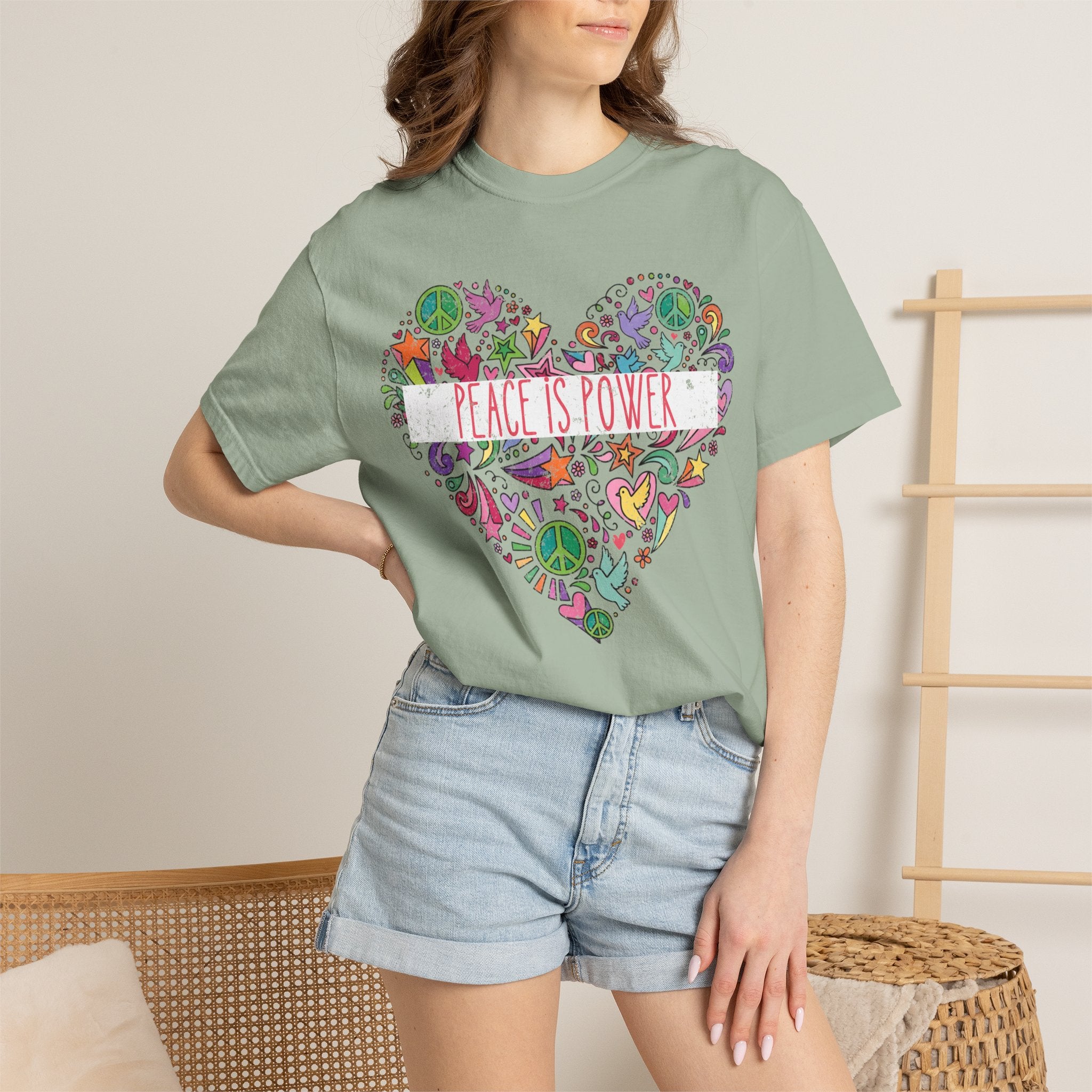 Peace Is Power Heart - distressed design doodle hears peace and doves t-shirt