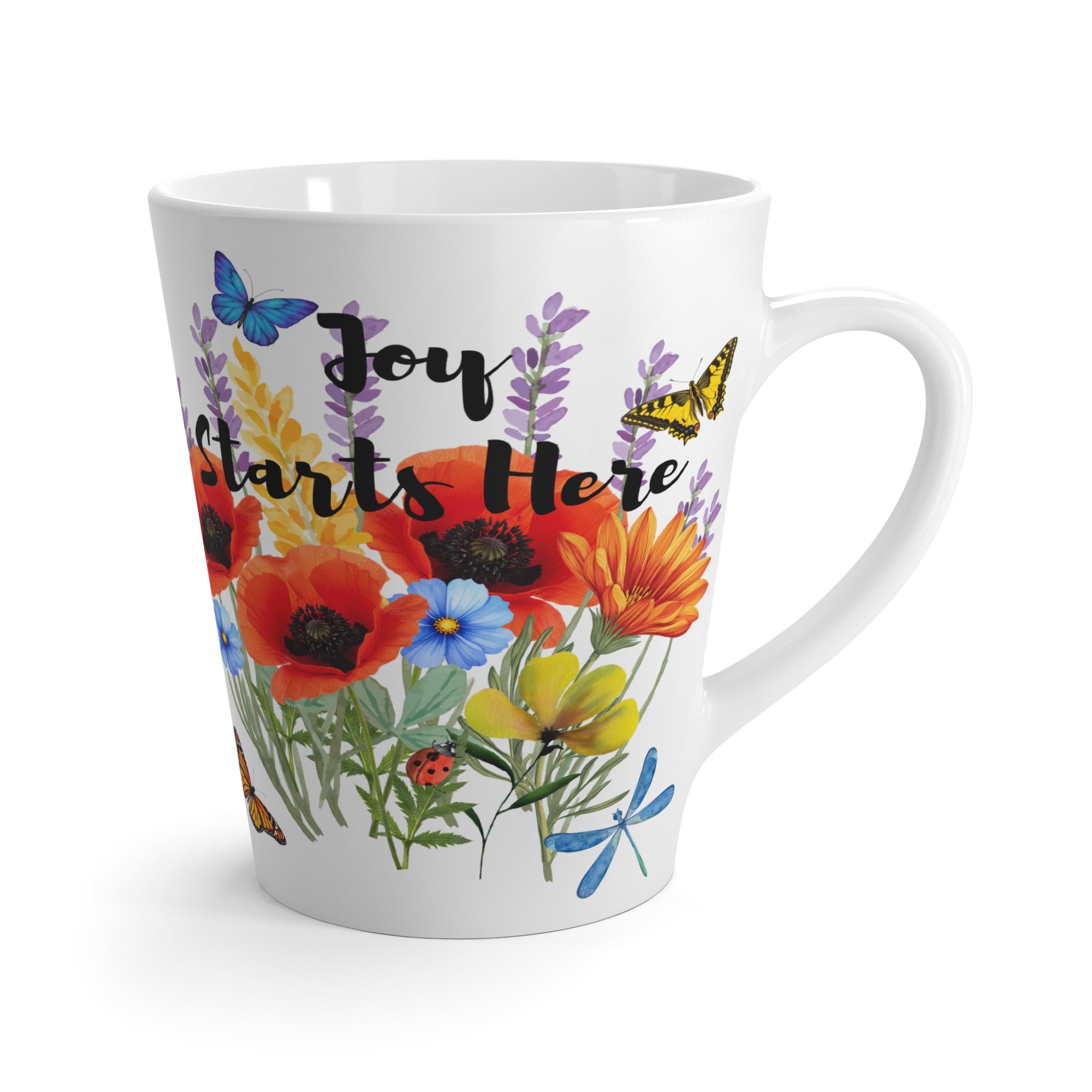 Latte Mug — "Joy Starts Here" Floral Butterfly Coffee Cup