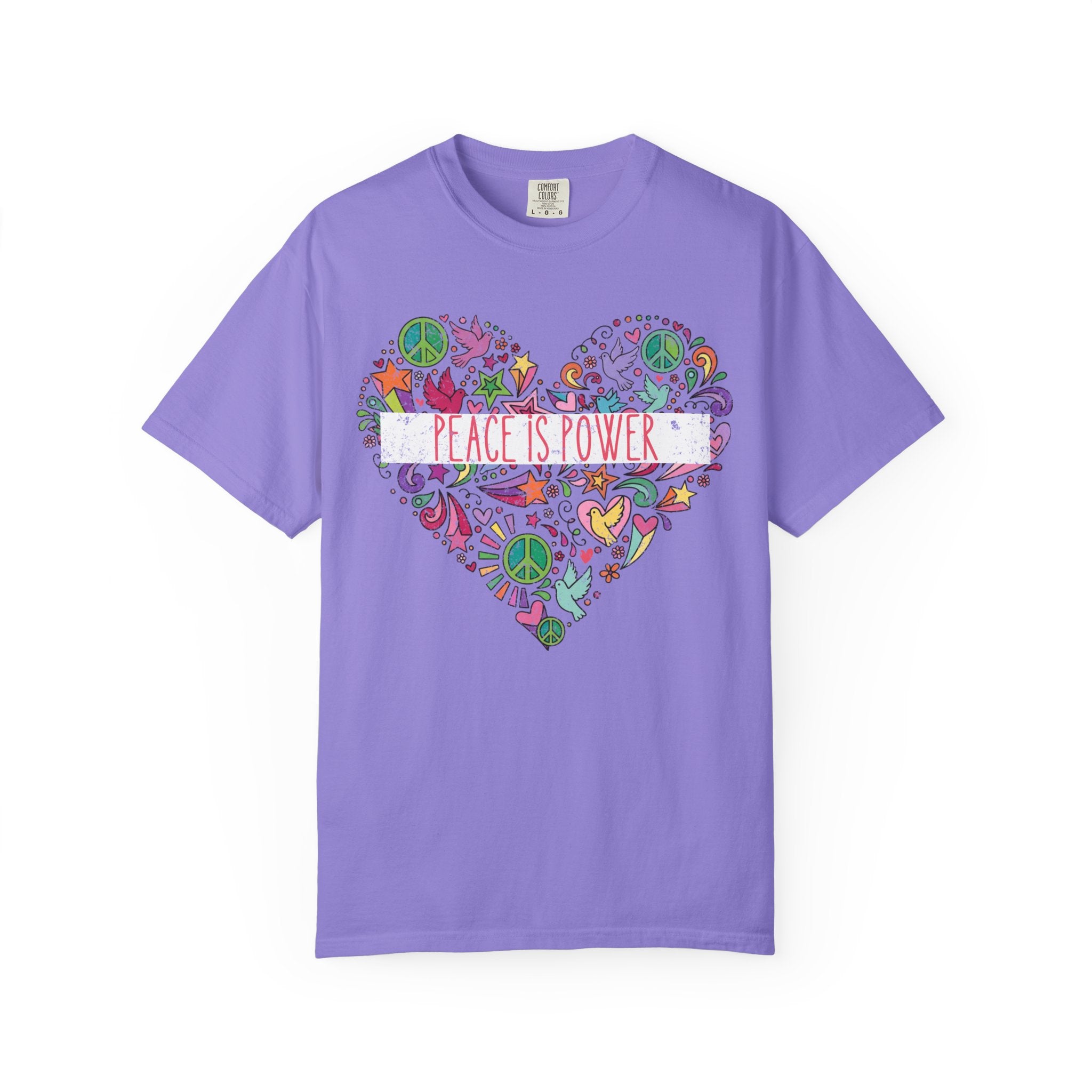 Peace Is Power Heart - distressed design doodle hears peace and doves t-shirt