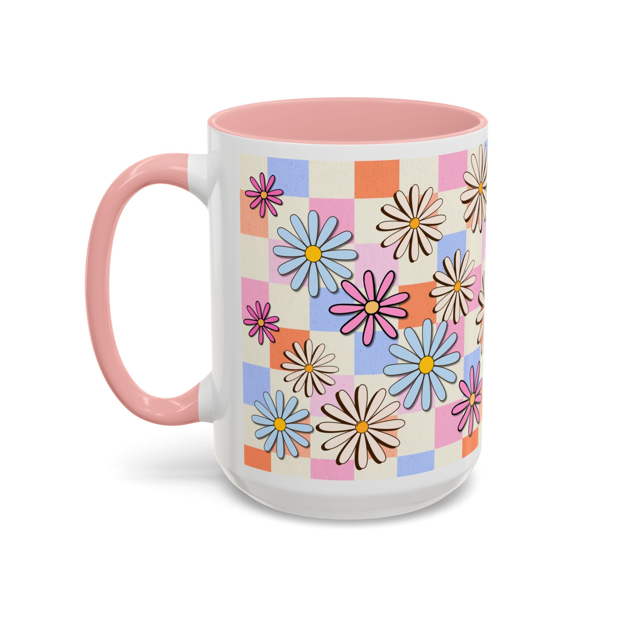 Retro Daisy Checkerboard Accent Coffee Mug — Colorful Floral Ceramic Gift