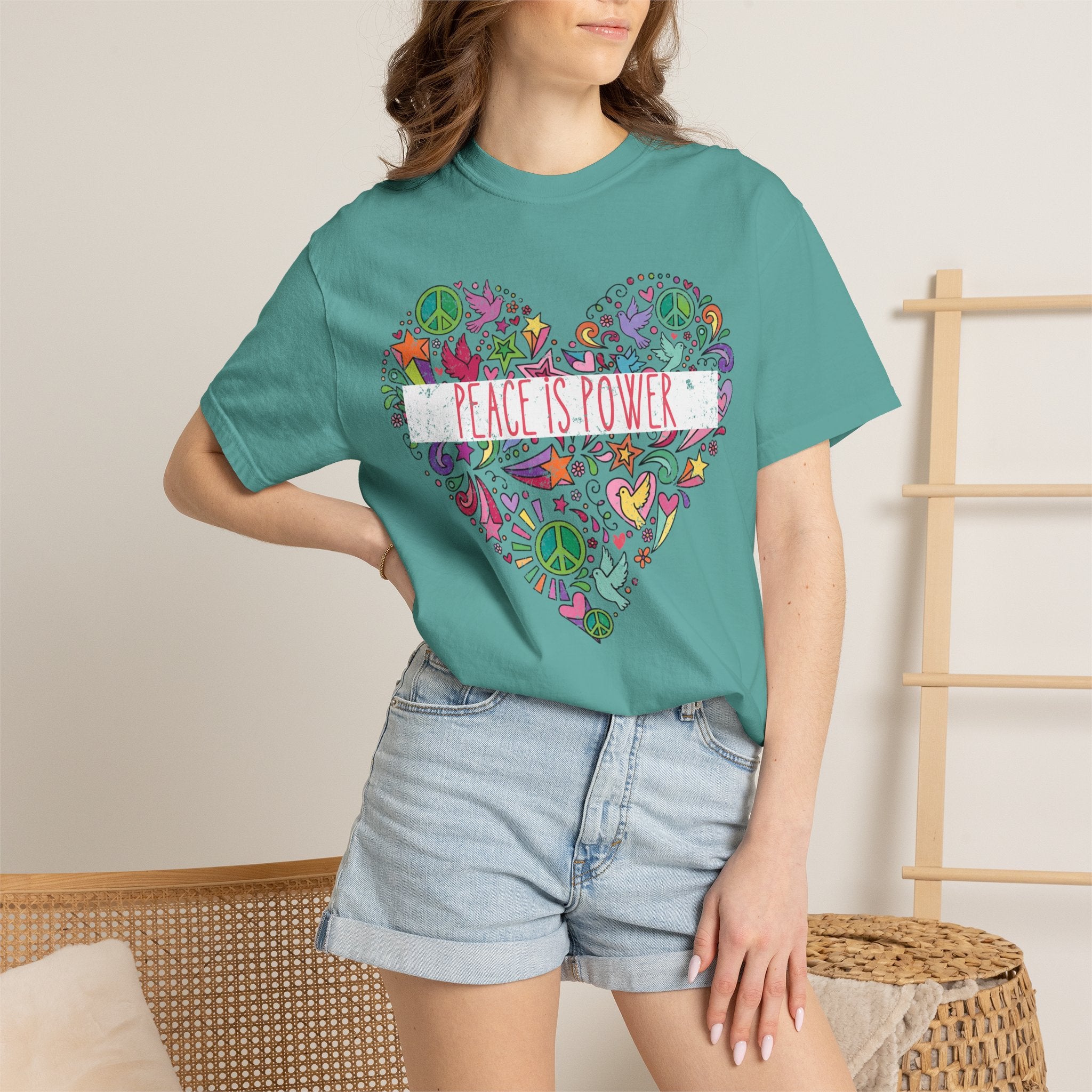 Peace Is Power Heart - distressed design doodle hears peace and doves t-shirt
