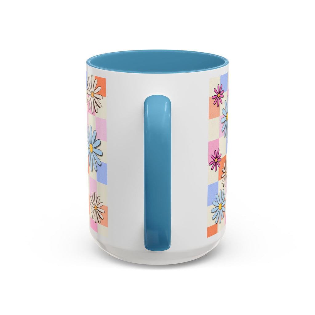 Retro Daisy Checkerboard Accent Coffee Mug — Colorful Floral Ceramic Gift