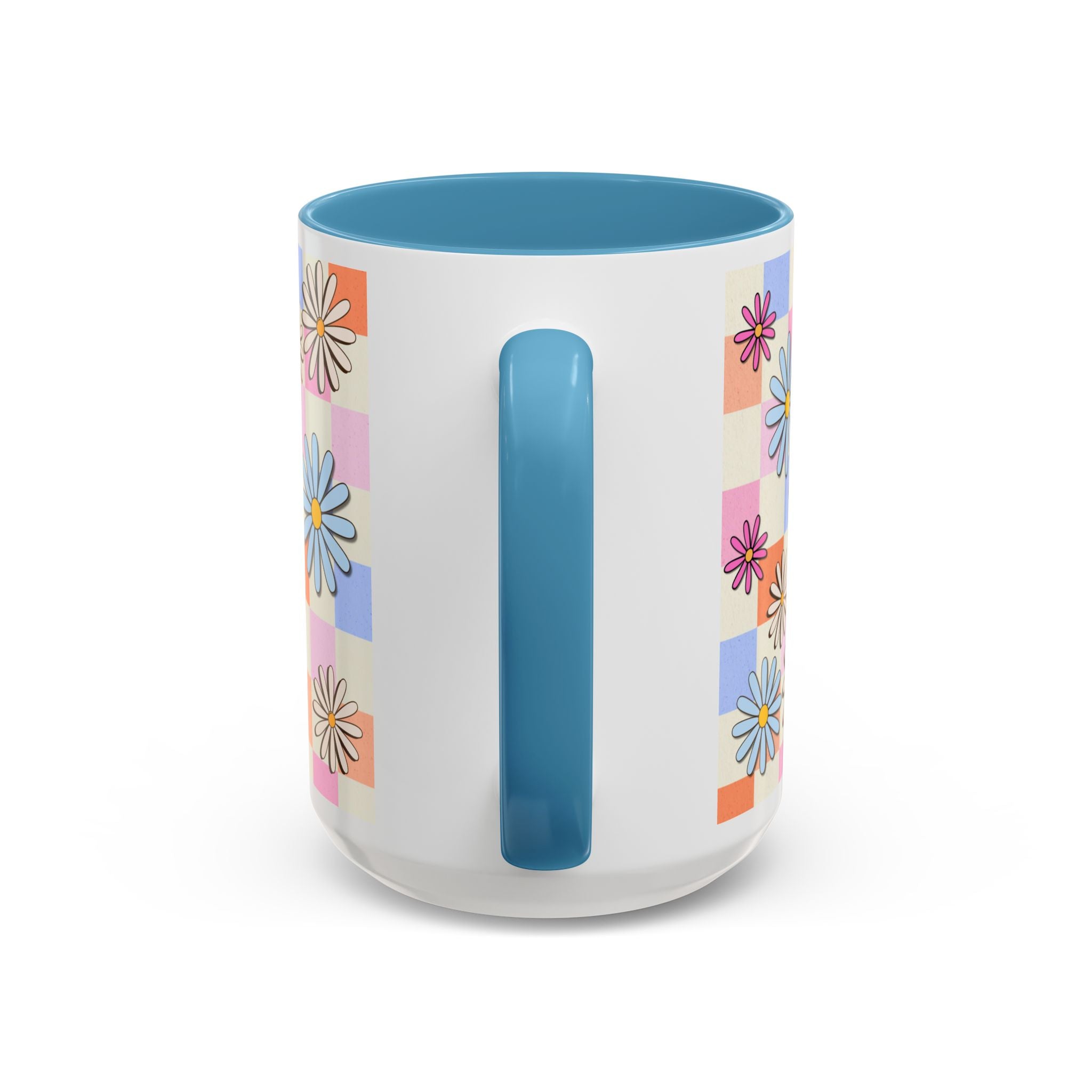 Retro Daisy Checkerboard Accent Coffee Mug — Colorful Floral Ceramic Gift
