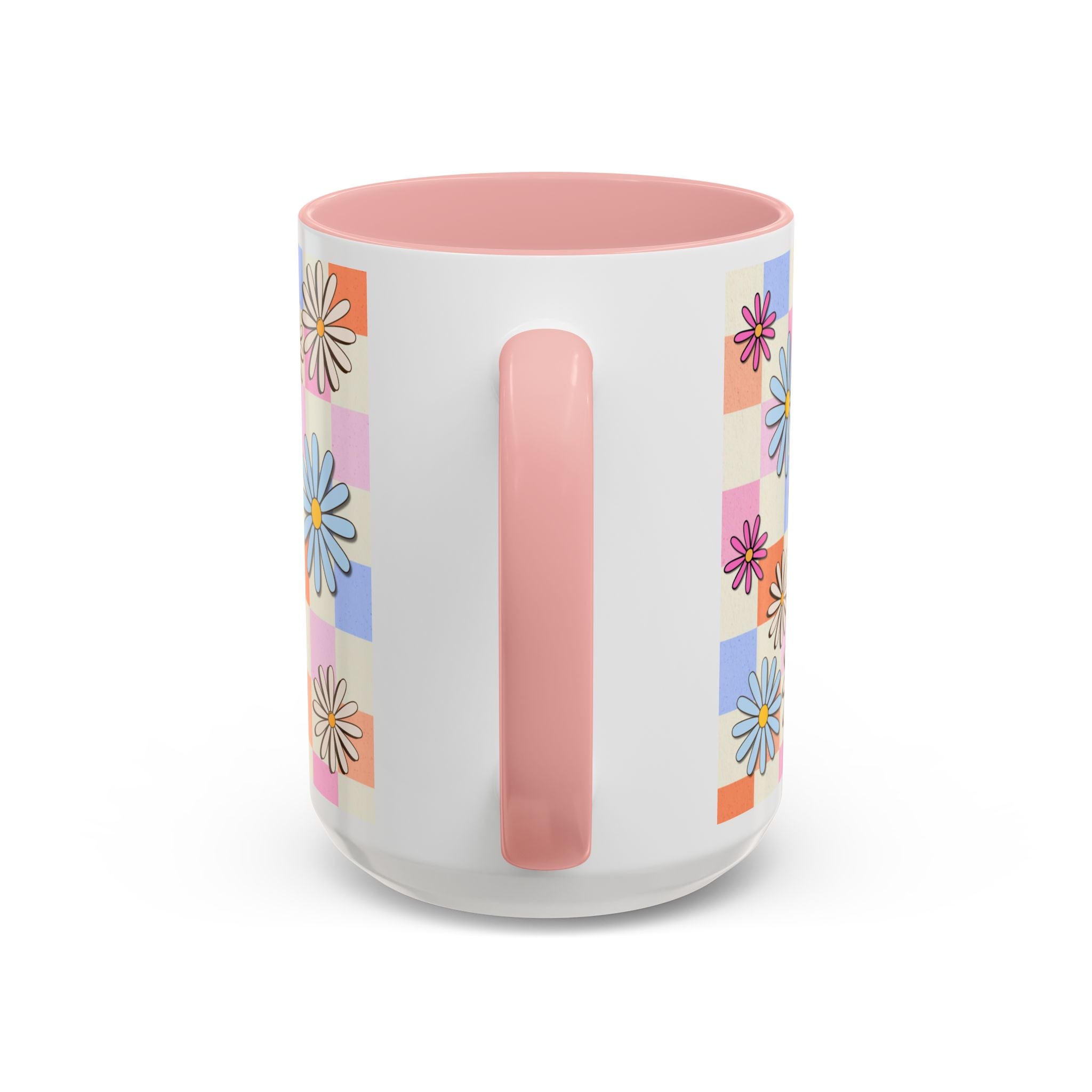 Retro Daisy Checkerboard Accent Coffee Mug — Colorful Floral Ceramic Gift