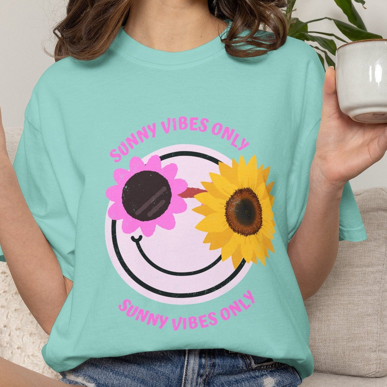 sunny vibes tshirt with sunflower and smiling face