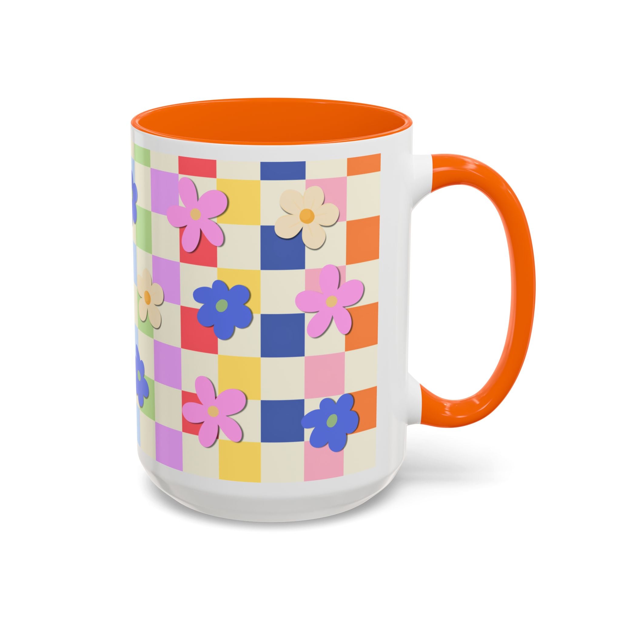 Floral Checkerboard Accent Coffee Mug — Colorful Retro Flower Pattern (11/15oz)