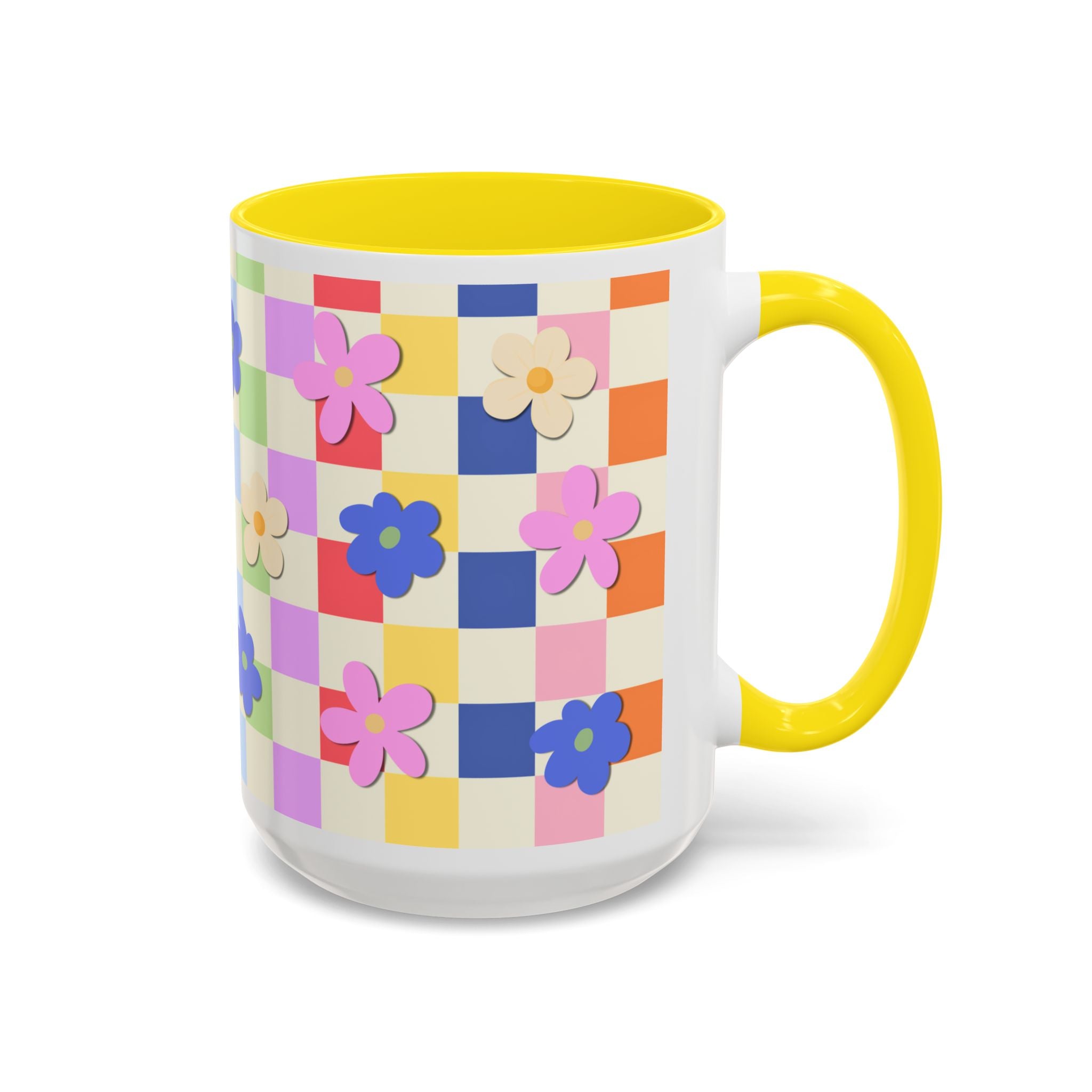 Floral Checkerboard Accent Coffee Mug — Colorful Retro Flower Pattern (11/15oz)