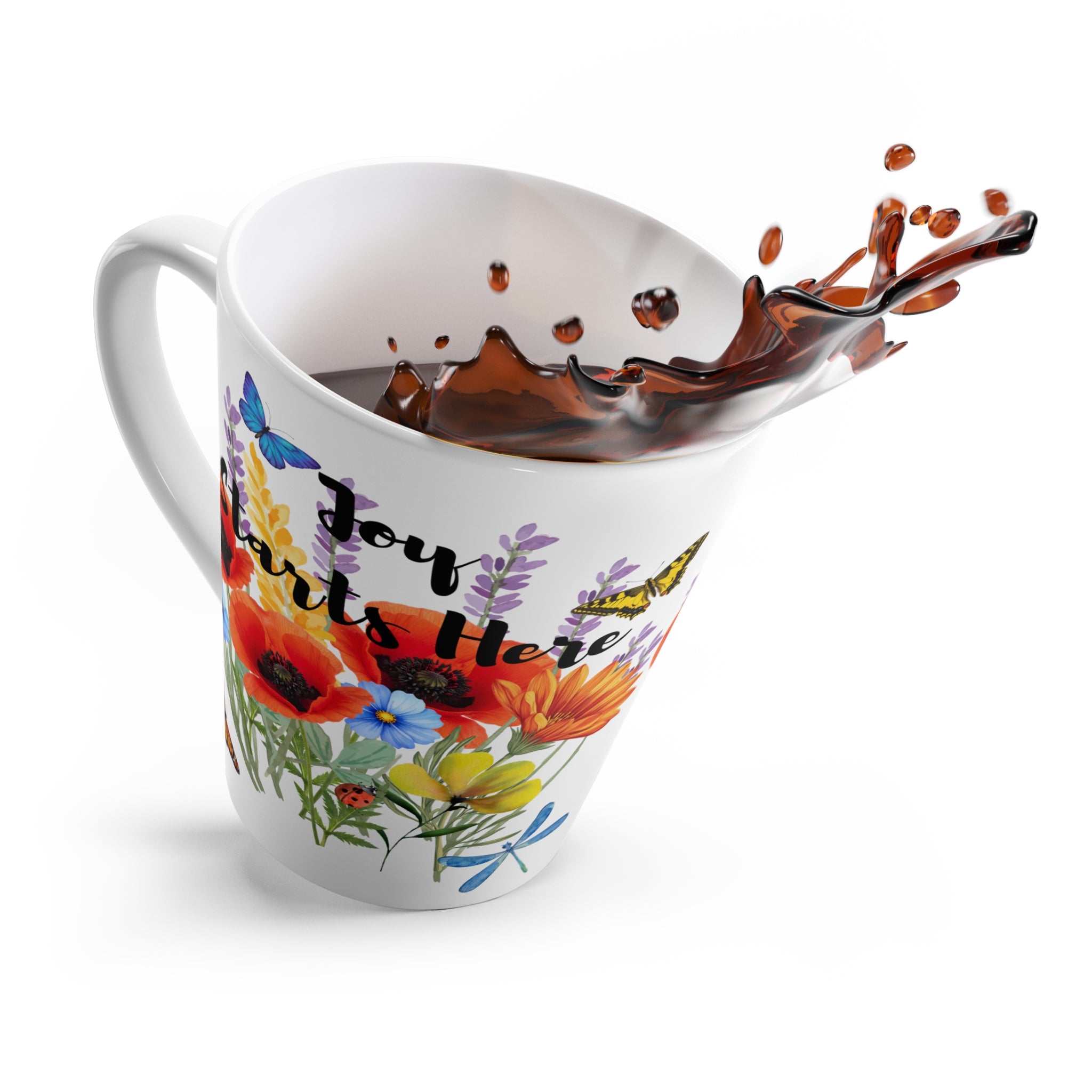 Latte Mug — "Joy Starts Here" Floral Butterfly Coffee Cup