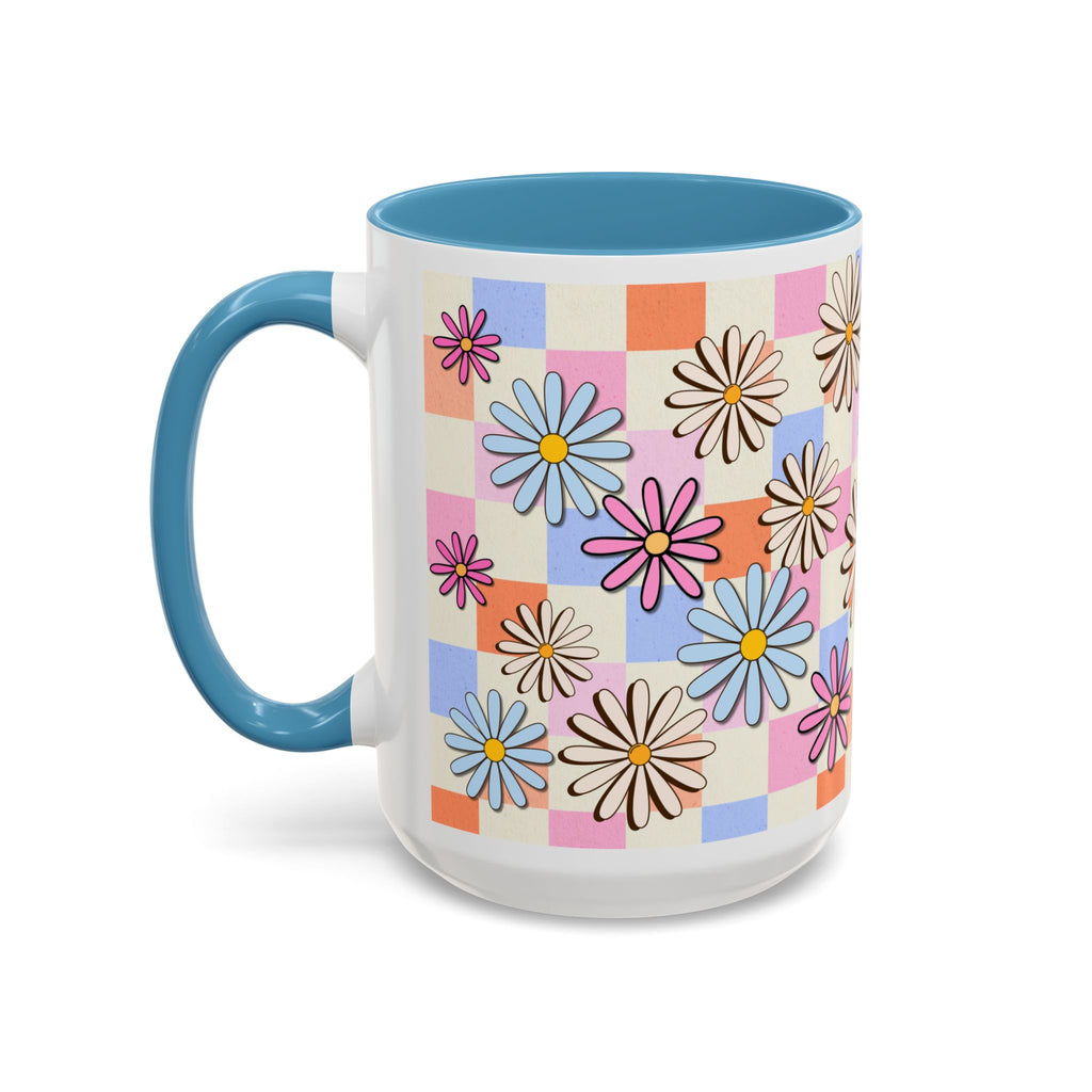 Retro Daisy Checkerboard Accent Coffee Mug — Colorful Floral Ceramic Gift