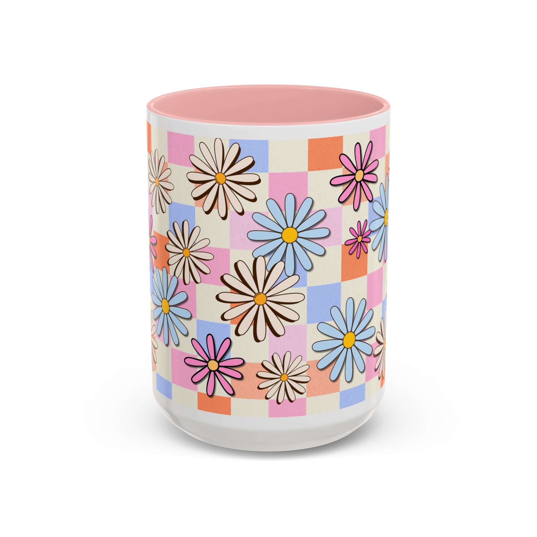 Retro Daisy Checkerboard Accent Coffee Mug — Colorful Floral Ceramic Gift