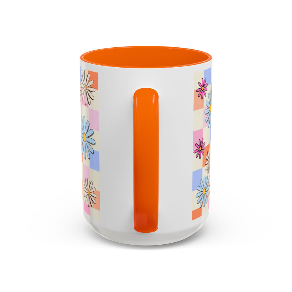Retro Daisy Checkerboard Accent Coffee Mug — Colorful Floral Ceramic Gift