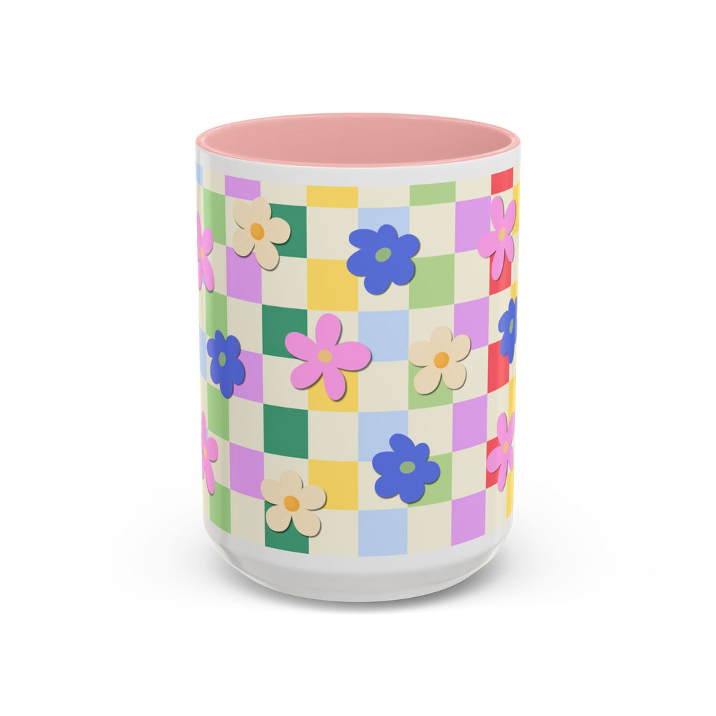 Floral Checkerboard Accent Coffee Mug — Colorful Retro Flower Pattern (11/15oz)