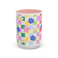 Floral Checkerboard Accent Coffee Mug — Colorful Retro Flower Pattern (11/15oz)