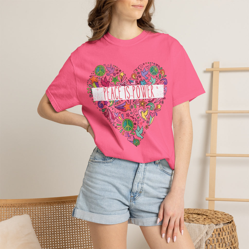 Peace Is Power Heart - distressed design doodle hears peace and doves t-shirt