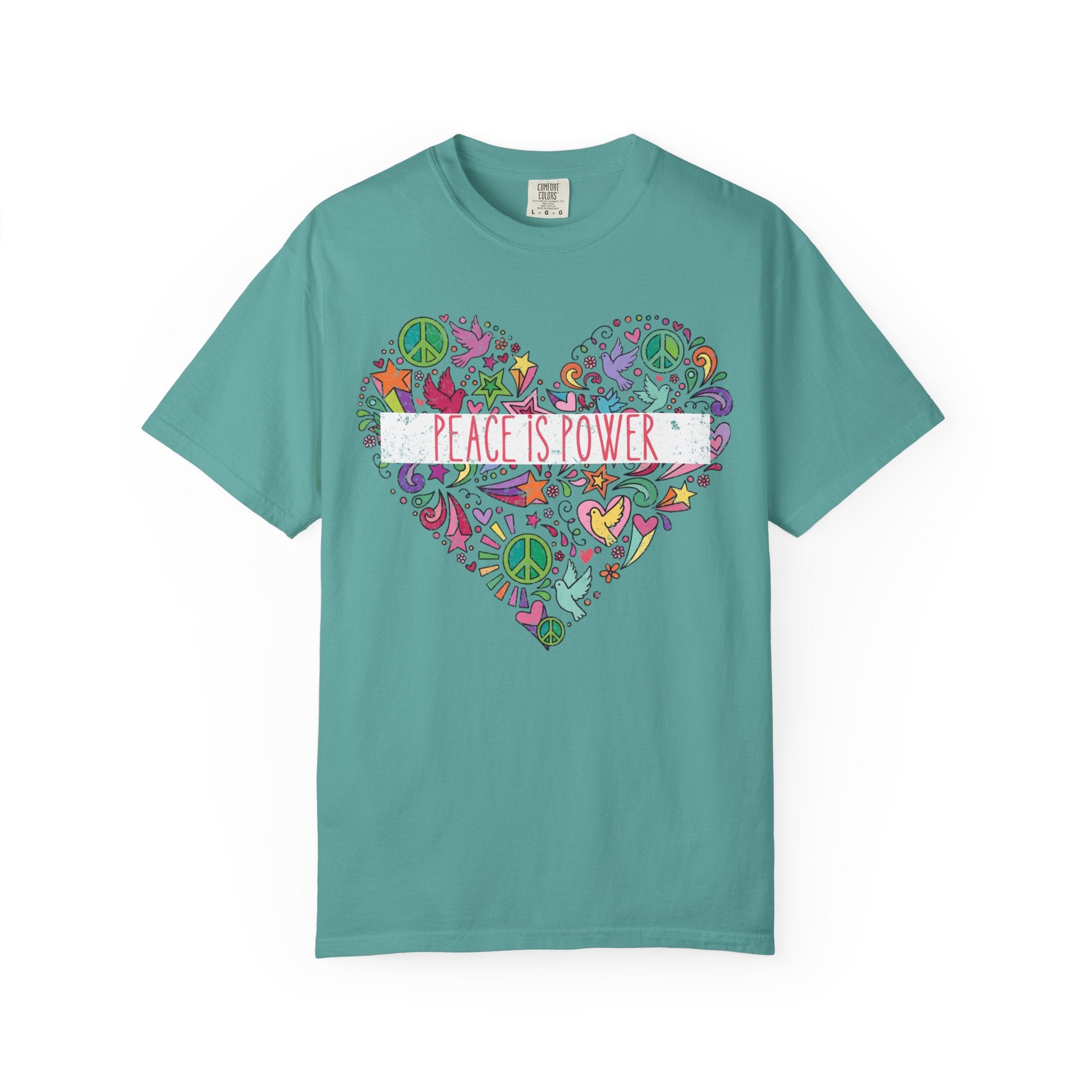 Peace Is Power Heart - distressed design doodle hears peace and doves t-shirt