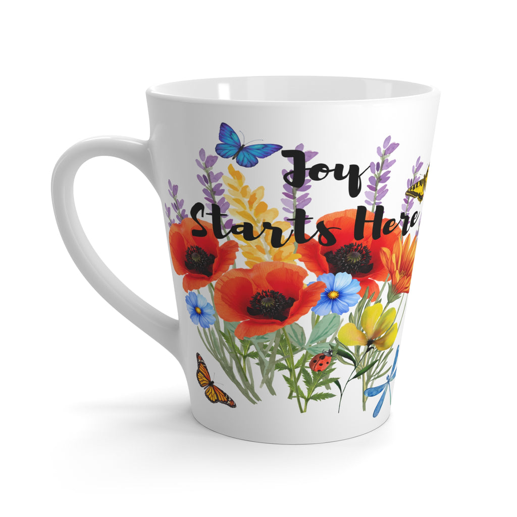 Latte Mug — "Joy Starts Here" Floral Butterfly Coffee Cup