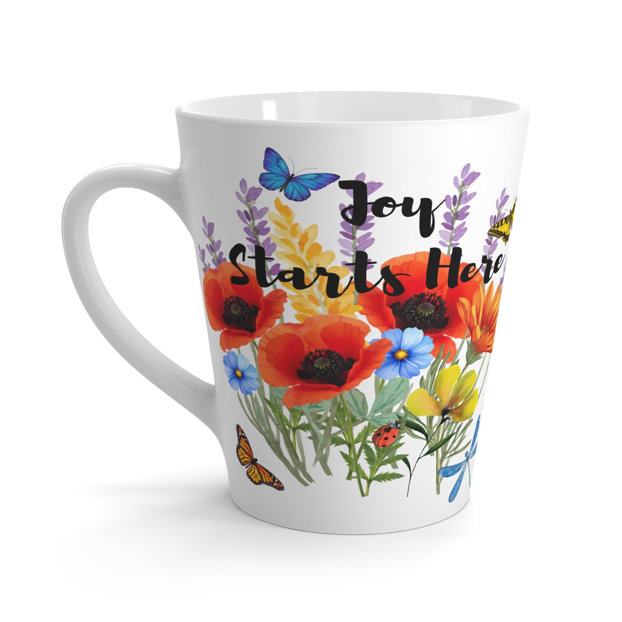 Latte Mug — "Joy Starts Here" Floral Butterfly Coffee Cup