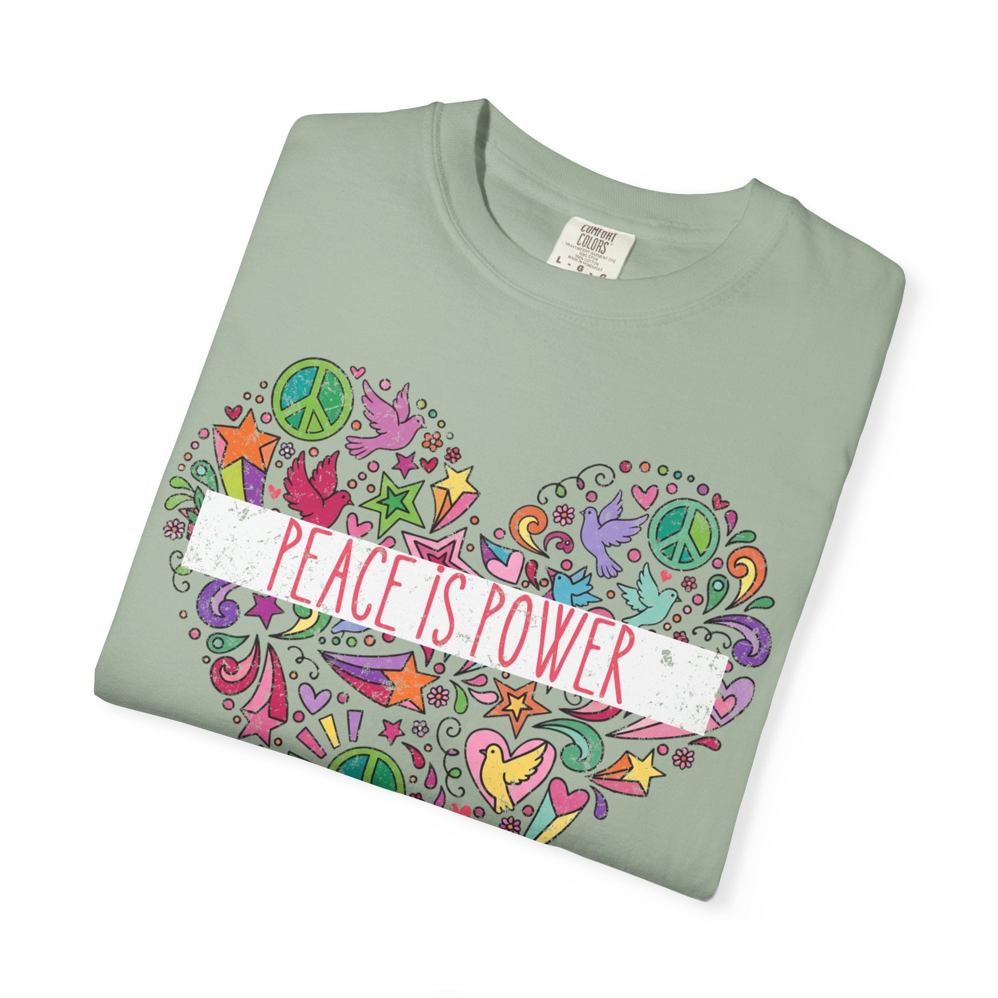 Peace Is Power Heart - distressed design doodle hears peace and doves t-shirt