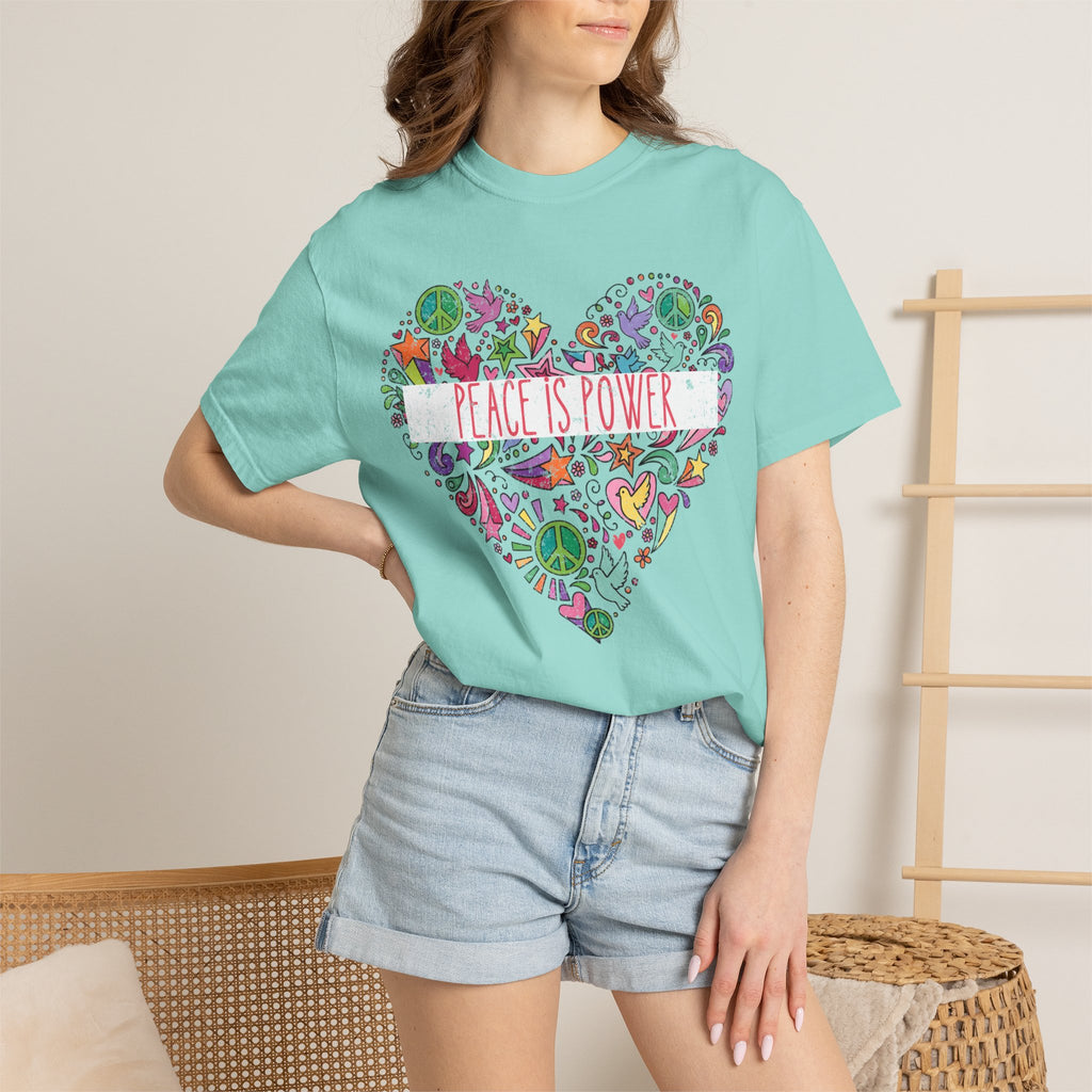 Peace Is Power Heart - distressed design doodle hears peace and doves t-shirt