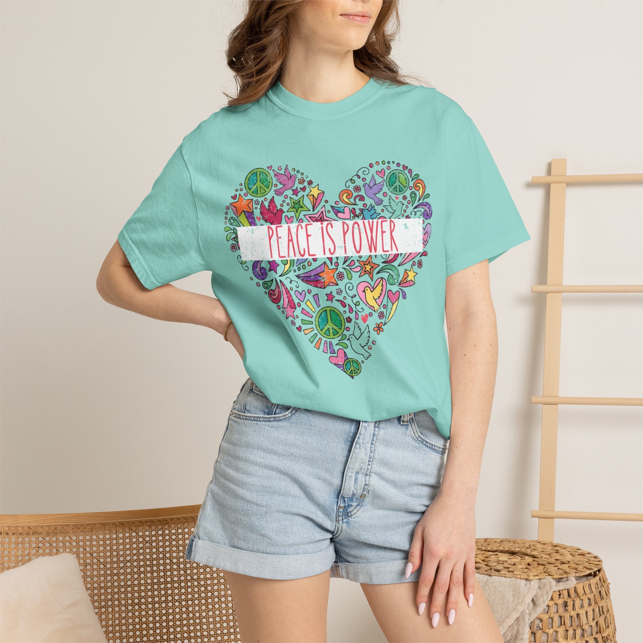 Peace Is Power Heart - distressed design doodle hears peace and doves t-shirt