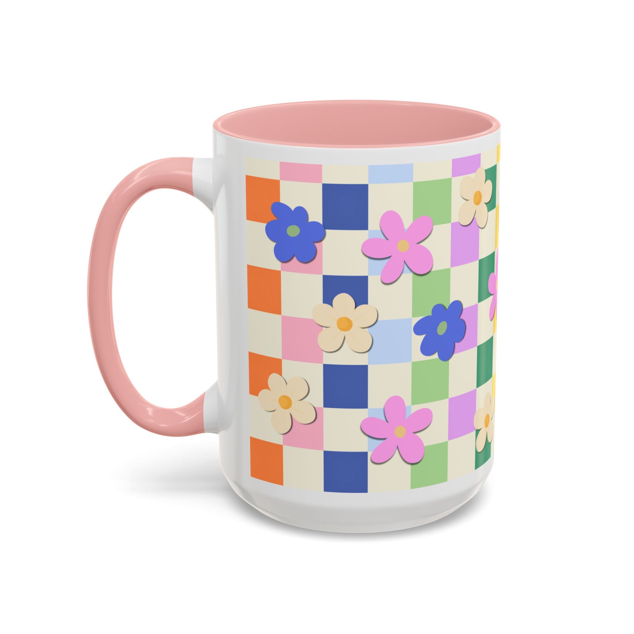 Floral Checkerboard Accent Coffee Mug — Colorful Retro Flower Pattern (11/15oz)