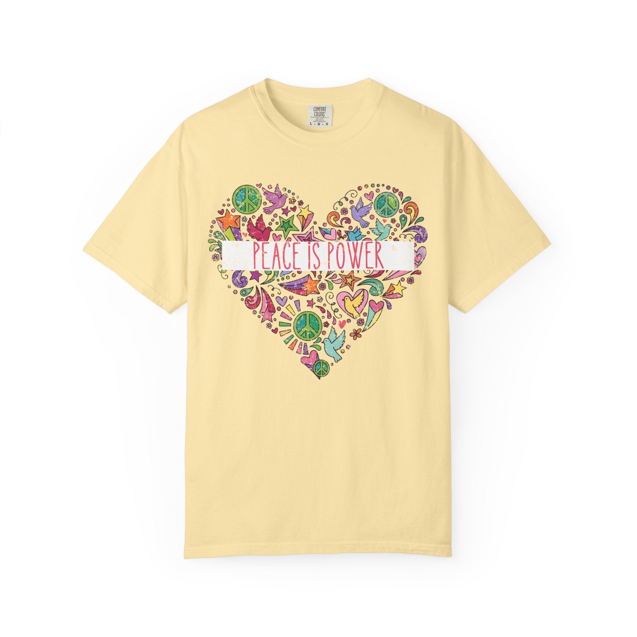 Peace Is Power Heart - distressed design doodle hears peace and doves t-shirt