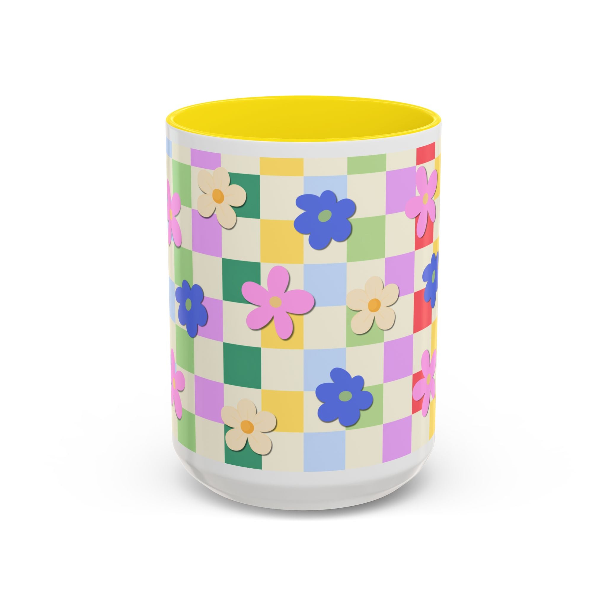 Floral Checkerboard Accent Coffee Mug — Colorful Retro Flower Pattern (11/15oz)