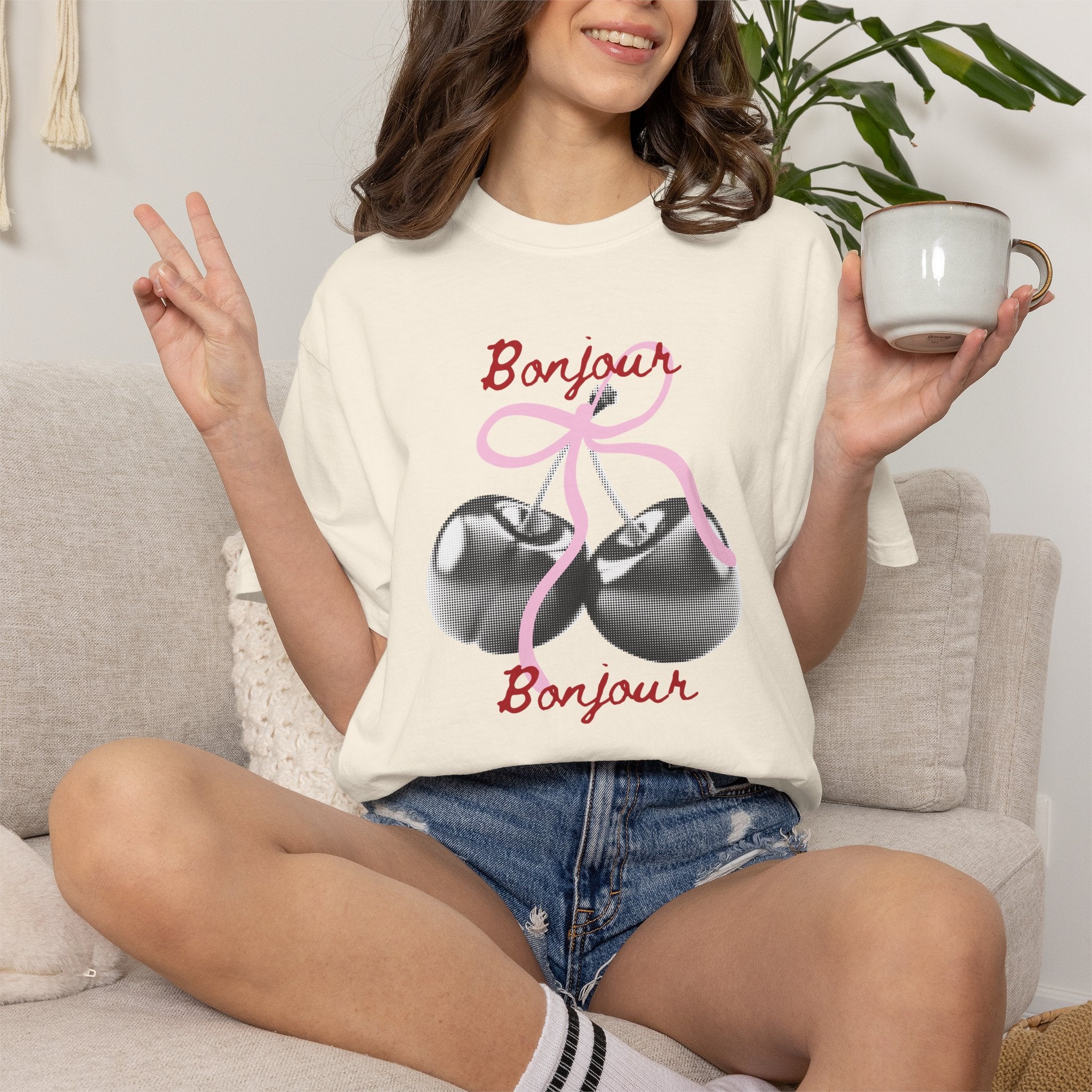 Bonjour T‑Shirt with cherry print, summer tee