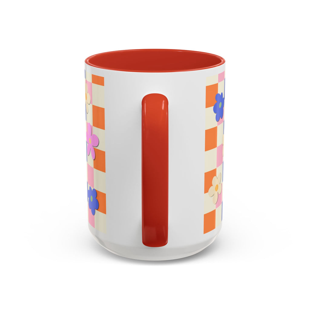 Floral Checkerboard Accent Coffee Mug — Colorful Retro Flower Pattern (11/15oz)