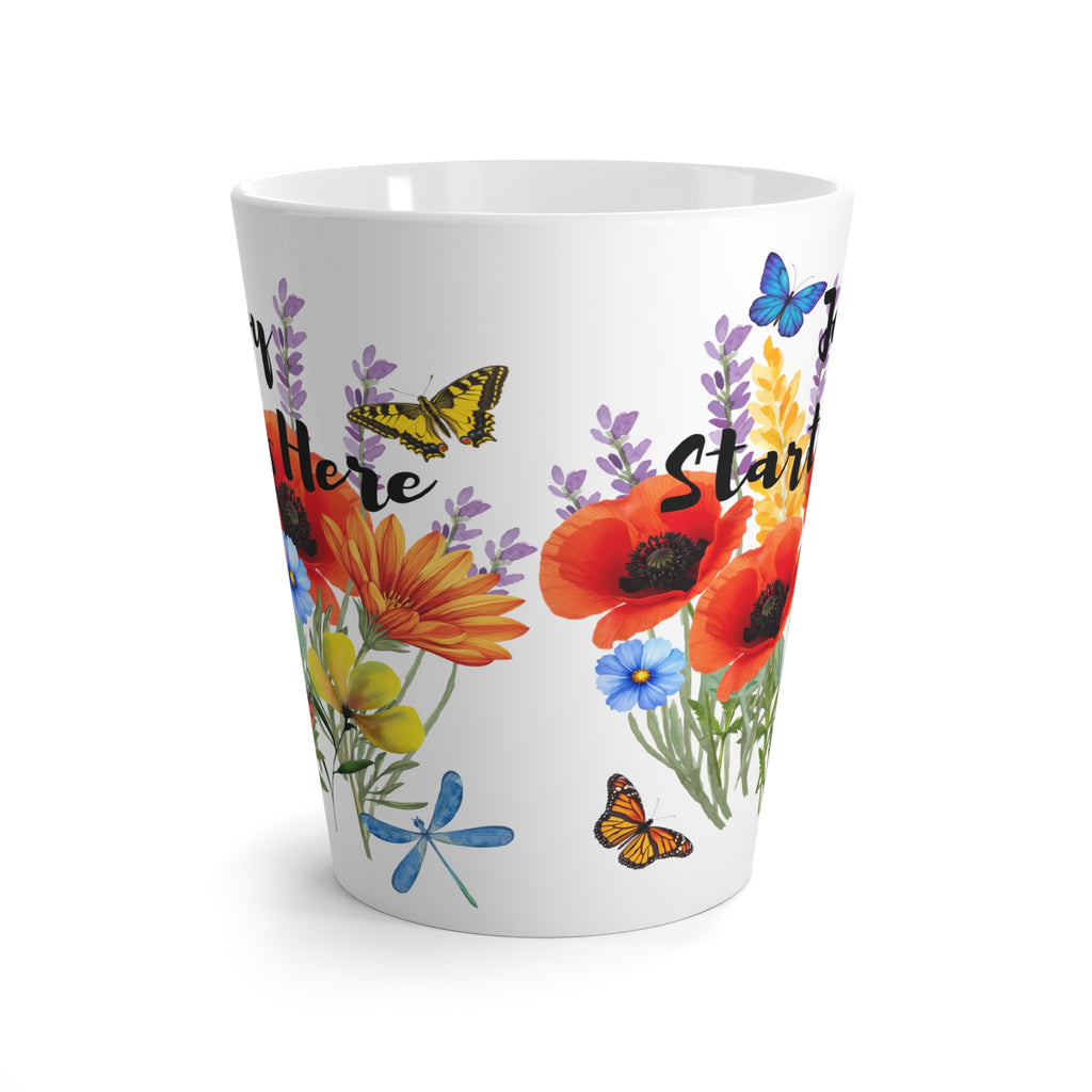 Latte Mug — "Joy Starts Here" Floral Butterfly Coffee Cup