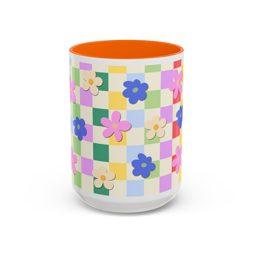 Floral Checkerboard Accent Coffee Mug — Colorful Retro Flower Pattern (11/15oz)